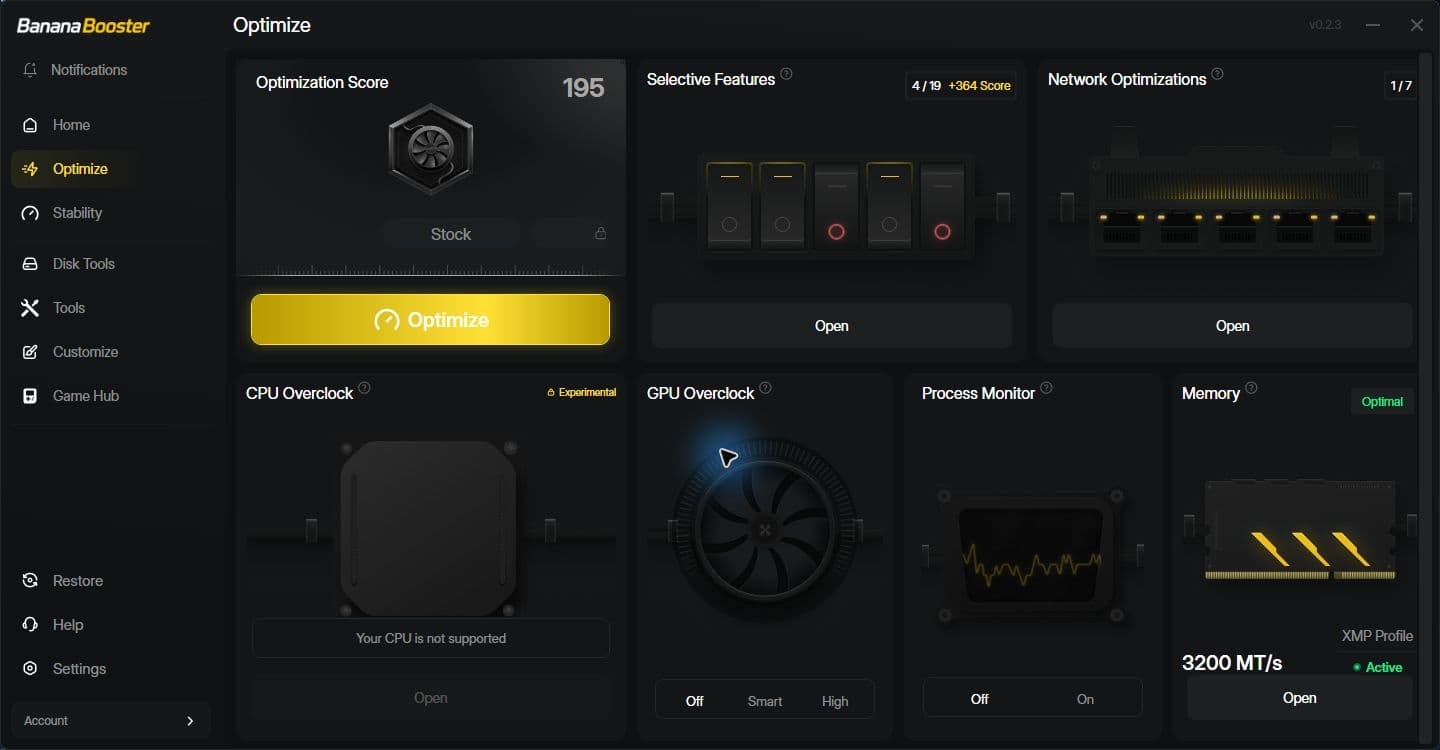 BananaBooster optimization screen