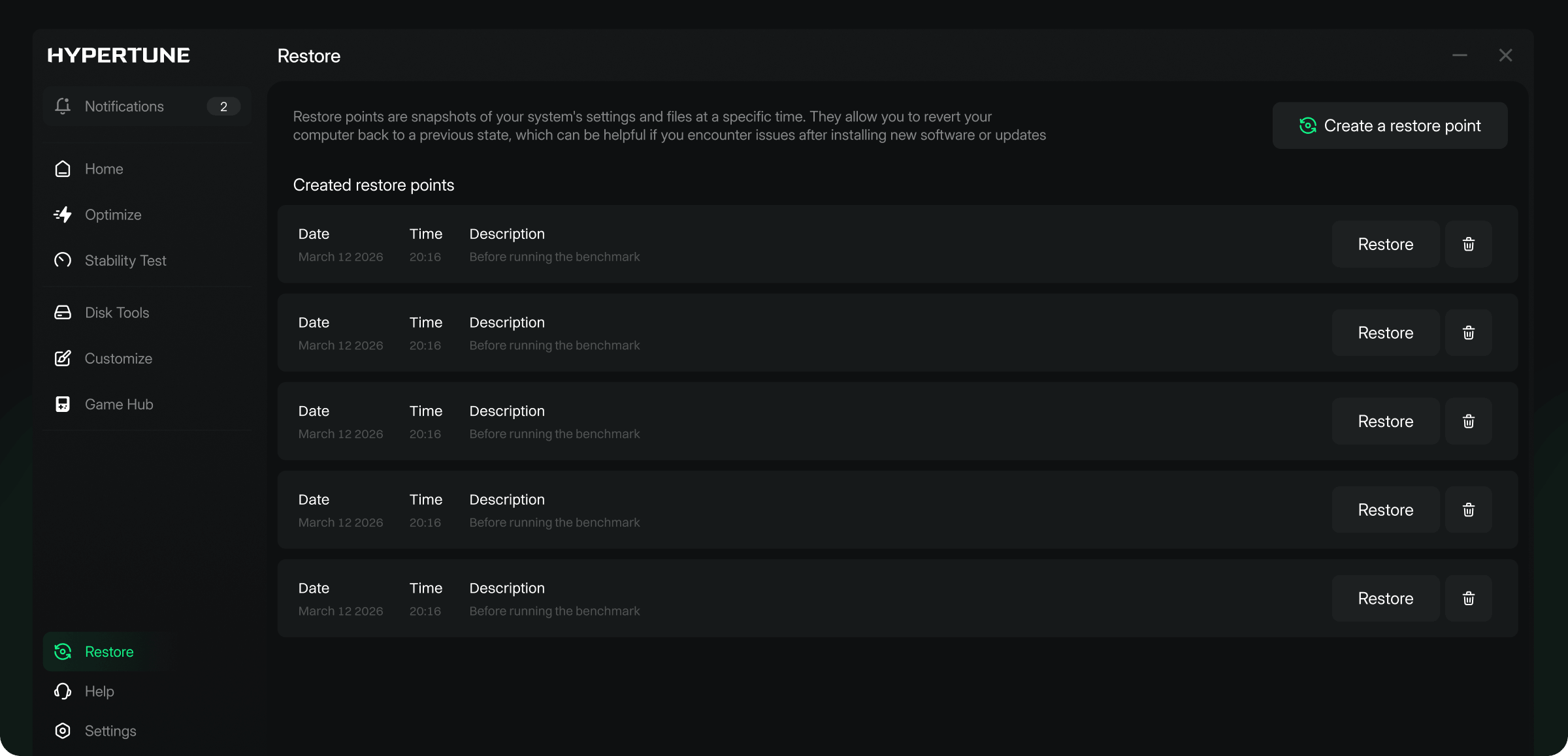 BananaBooster restore point screen
